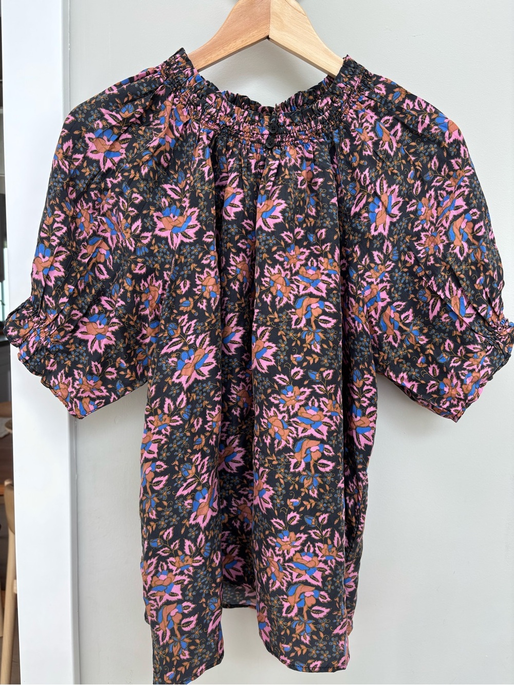 Apiece Apart Floral Smocked-Neck Puff Sleeve Top in Black, Pink & Blue